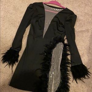 Black Cut Out Dress Sheer With Feather Detail S/M